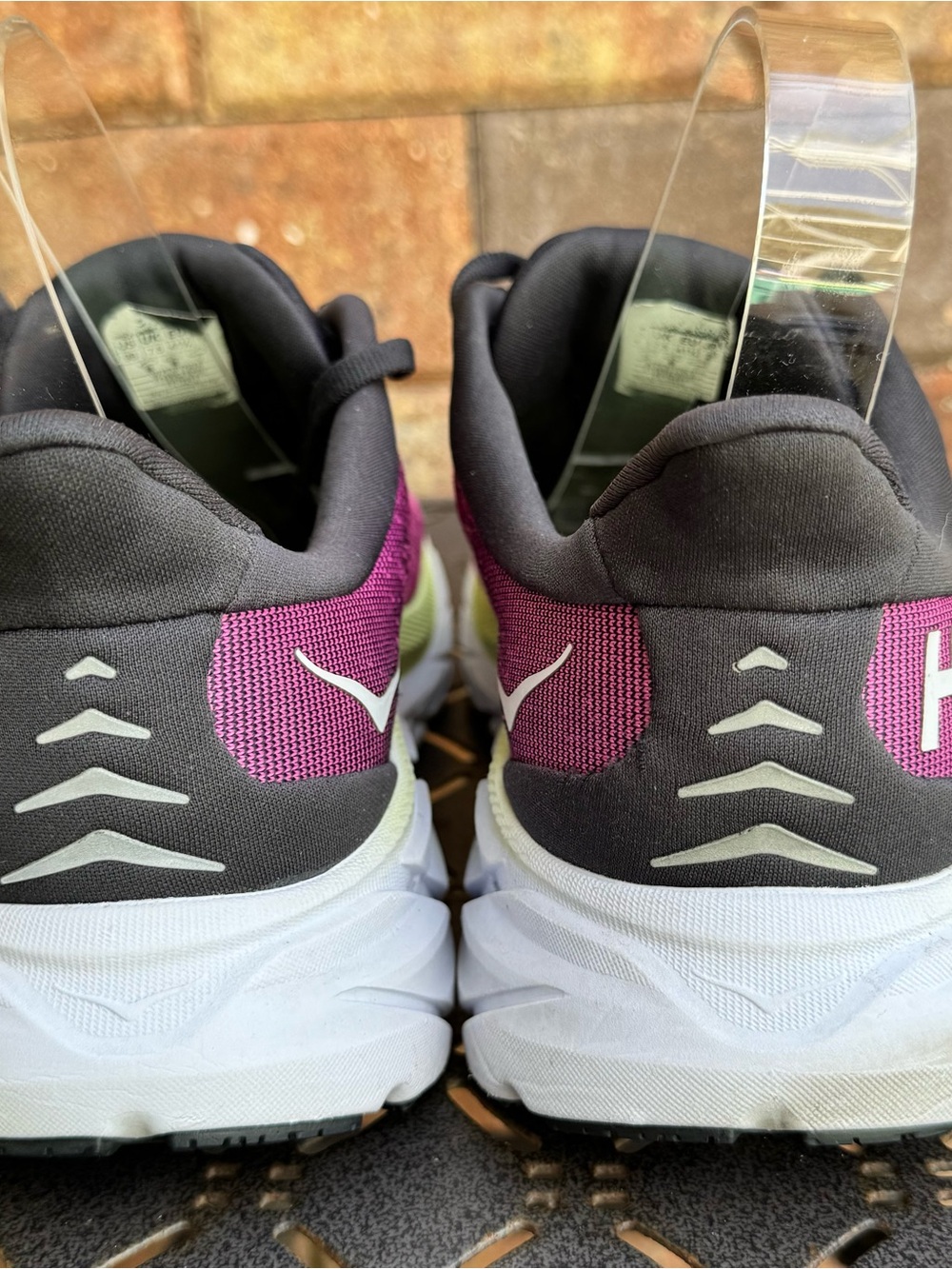 Hoka Clifton 8 Women's Pink and Black Running Shoes with Lime Accent - Picture 6 of 10